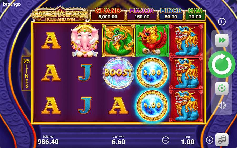 เล่นกับ 25 เพย์ไลน์และชนะมากถึง 5,000x เดิมพันของคุณเมื่อเล่น Ganesha Boost Hold & Win Slot